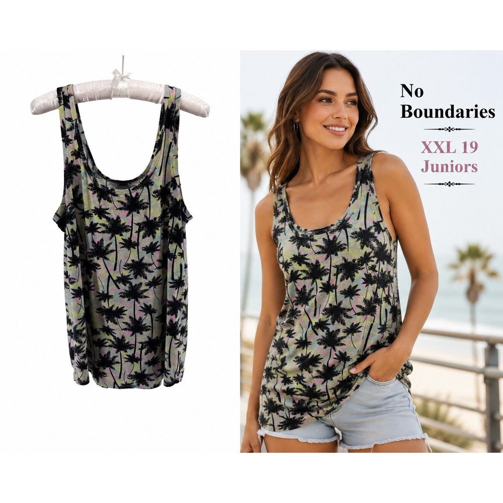No Boundaries Juniors XXL 19 Palm Tree Tropical Print Tank Top Tunic Y2K Retro